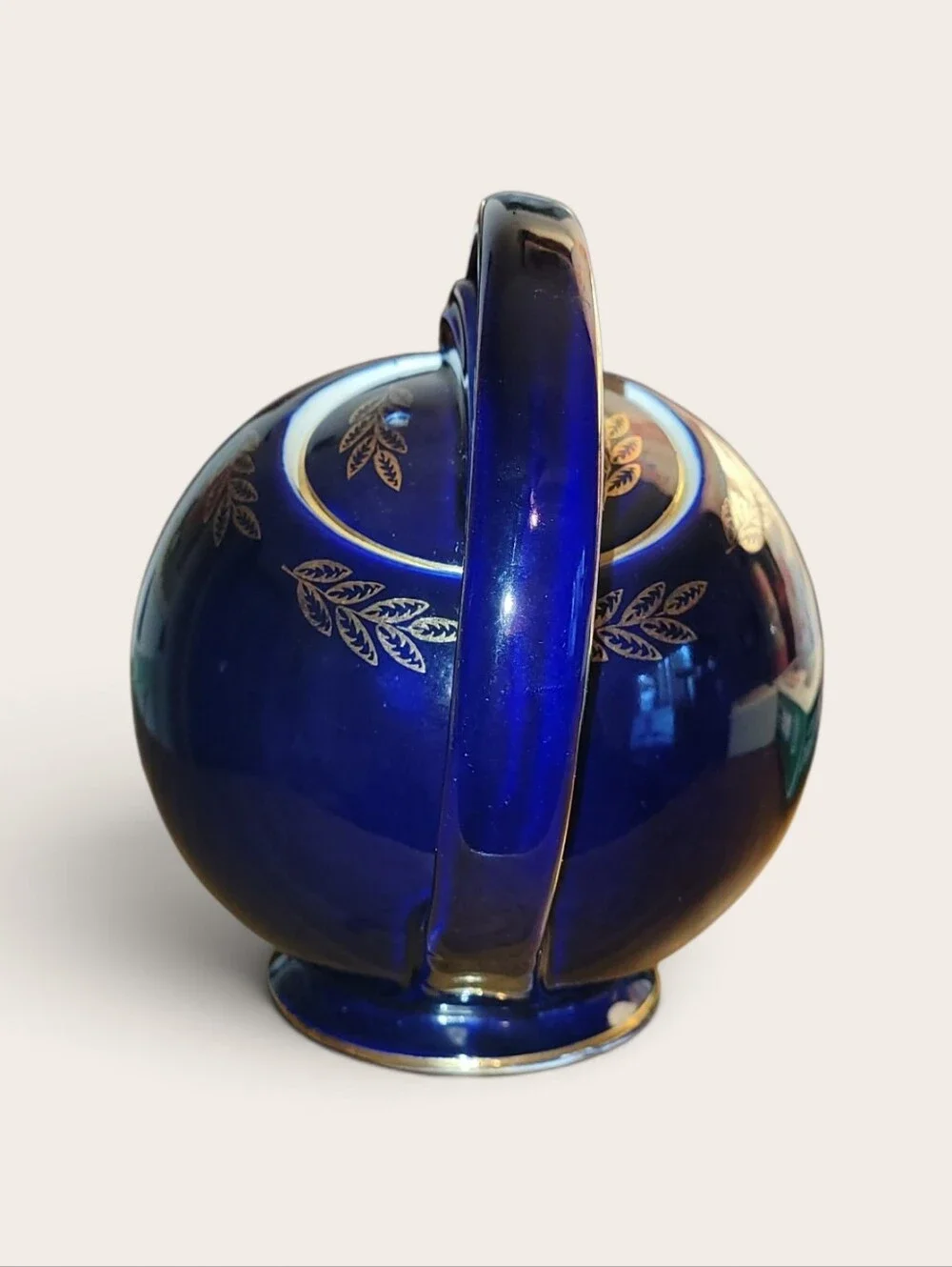 Antique Cobalt Blue Ceramic Airflow Teapot with Gold Floral Rose Accent & Trim